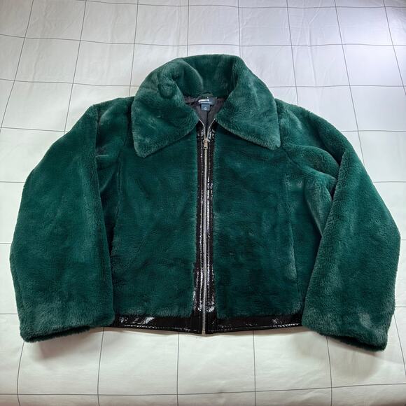 Anthropologie Maeve Jacket Womens 1X Green Faux Fur Bomber Full Zip Patent Fuzzy - Picture 4 of 13